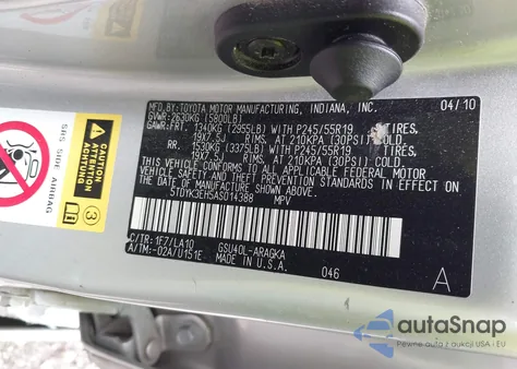 2010 Toyota Highlander Limited V6 из США, поврежденный, VIN 5TDYK3EH5AS014388